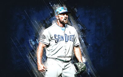 Kirby Yates, San Diego Padres, MLB, amerikkalainen baseball-pelaaja, muotokuva, sininen kivi tausta, baseball, Major League Baseball