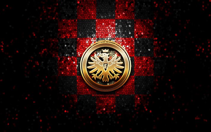 Eintracht Frankfurt FC, glitter logo, Bundesliga, red black checkered background, soccer, Eintracht Frankfurt, german football club, Eintracht Frankfurt logo, mosaic art, football, Germany