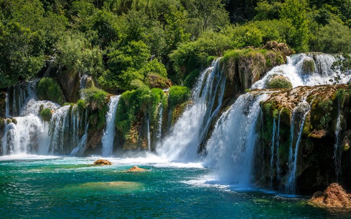 Krka Ulusal Parkı, Krka Nehri, şelale, yaz, g&#252;zel şelale, Mavi Su, Lozovac, Hırvatistan