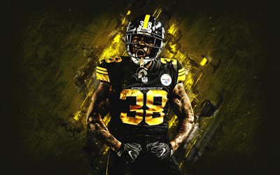 Jaylen Samuels, Pittsburgh Steelers, NFL, amerikkalainen jalkapallo, muotokuva, keltainen kivi tausta, National Football League, USA