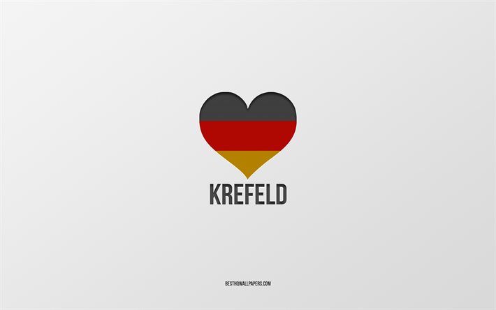 Mi piace Krefeld, citt&#224; tedesche, sfondo grigio, Germania, tedesco, bandiera, cuore, Krefeld, citt&#224; preferite, Amore Krefeld