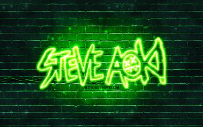 Steve Aoki logotipo verde, 4k, superestrellas, american Dj, verde brickwall, Steve Aoki, logotipo, Steve Hiroyuki Aoki, estrellas de la m&#250;sica, Steve Aoki ne&#243;n logotipo