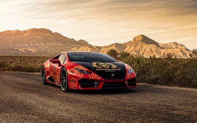 4k, Lamborghini Huracan, dans le d&#233;sert, hypercars, 2020 voitures, supercars, Rouge Lamborghini Huracan, l&#39;italien de voitures, Lamborghini