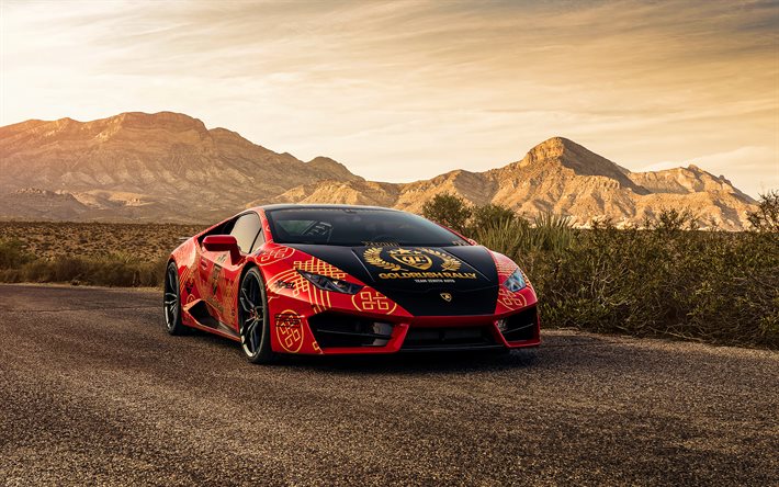 4k, Lamborghini Huracan, desert, hypercars, 2020-autot, superautot, Punainen Lamborghini Huracan, italian autot, Lamborghini
