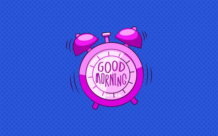 朝, 紫アラームクロック, 4k, 青点線背景, お願い, 創造, 良い朝の概念, ミニマリズムにおけるメディウム, 良い朝のスクリー
