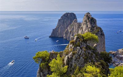 Faraglioni, cliffs, coast, summer, seascape, mediterranean, Capri, Italy