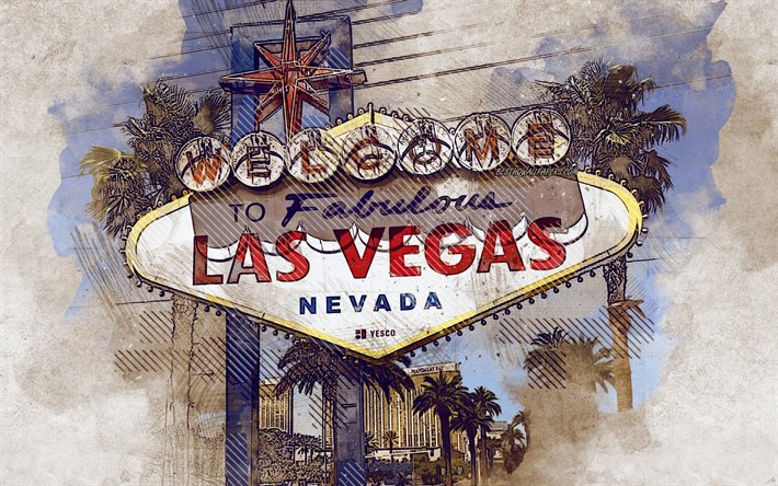 Welcome to Fabulous Las Vegas sign, Las Vegas, local de interesse, Nevada, Las Vegas sign, grunge arte, arte criativa, pintado Las Vegas sign, desenho, Las Vegas sign abstrata, arte digital