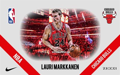 Lauri Markkanen, Chicago Bulls, Finnish Basketball Player, NBA, portrait, USA, basketball, United Center, Chicago Bulls logo