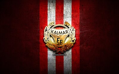 Kalmar FC, golden logo, Allsvenskan, red metal background, football, Kalmar FF, swedish football club, Kalmar logo, soccer, Sweden