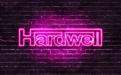 Hardwell mor logo, 4k, superstars, Hollandalı DJ&#39;ler, mor brickwall, Hardwell logo, Robbert van de Corput, Hardwell, m&#252;zik yıldızları, Hardwell neon logo