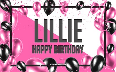 お誕生日おめでLillie, お誕生日の風船の背景, Lillie, 壁紙名, Lillieお誕生日おめで, ピンク色の風船をお誕生の背景, ご挨拶カード, Lillie誕生日