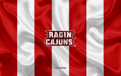 ルイジアナ州Ragin Cajuns, アメリカのサッカーチーム, エンブレム, 絹の旗を, 赤と白のシルクの質感, NCAA, ルイジアナ州Ragin Cajunsロゴ, ラファイエット, ルイジアナ州, 米国, アメリカのサッカー