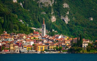 Lake Como, Varenna, kv&#228;ll, sunset, sommar, vackra sj&#246;n, Italienska staden, Varenna stadsbilden, Lombardiet, Italien