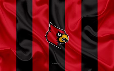 Louisville Cardinals, Time de futebol americano, emblema, seda bandeira, vermelho-preto de seda textura, NCAA, Louisville Cardinals logotipo, Louisville, Kentucky, EUA, Futebol americano, Universidade de Louisville