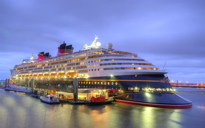 Disney Magic, cruise ship, pier, port, night