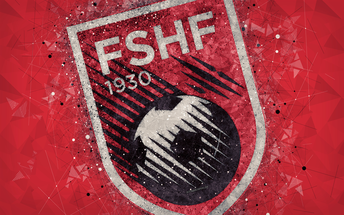 アルバニア国立サッカーチーム, 4k, 幾何学的な美術, ロゴ, 赤抽象的背景, UEFA, エンブレム, アルバニア, サッカー, グランジスタイル, 【クリエイティブ-アート