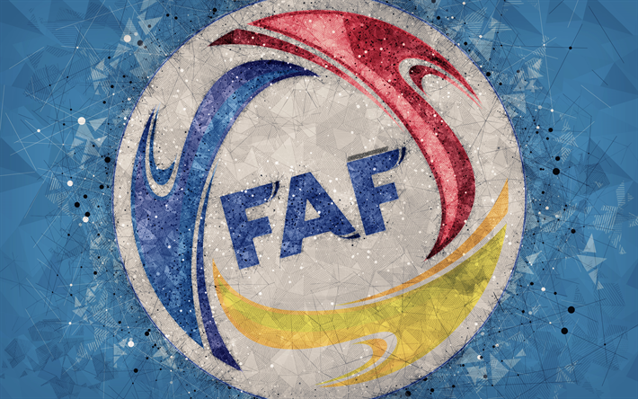 Andorra national football team, 4k, geometric art, logo, blue abstract background, UEFA, emblem, Andorra, football, grunge style, creative art
