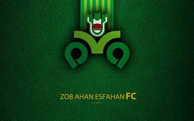 Zob Ahan FC, 4k, logo, leather texture, Iranian football club, emblem, white green lines, Persian Gulf Pro League, Isfahan, Iran, football