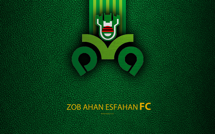 Zob Ahan FC, 4k, logo, leather texture, Iranian football club, emblem, white green lines, Persian Gulf Pro League, Isfahan, Iran, football