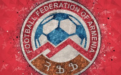 Armenia national football team, 4k, geometric art, logo, red abstract background, UEFA, emblem, Armenia, football, grunge style, creative art