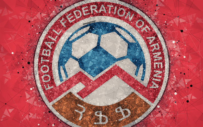 アルメニア国立サッカーチーム, 4k, 幾何学的な美術, ロゴ, 赤抽象的背景, UEFA, エンブレム, アルメニア, サッカー, グランジスタイル, 【クリエイティブ-アート