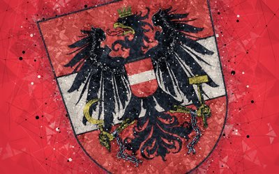 Austria national football team, 4k, geometric art, logo, red abstract background, UEFA, emblem, Austria, football, grunge style, creative art