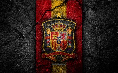 Spanish football team, 4k, emblem, UEFA, Europe, football, asphalt texture, soccer, Spain, European national football teams, Spain national football team