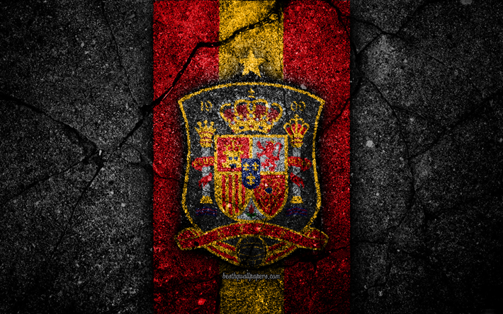 spanischen fu&#223;ball-team, 4k, emblem, uefa, europa -, fu&#223;ball -, asphalt-textur, fu&#223;ball, spanien, die europ&#228;ischen nationalen fu&#223;ball-teams, die spanien fu&#223;ball-nationalmannschaft