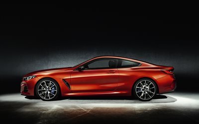 BMW 8-Series Coupe, 2018, side view, sports coupe, new orange M8, German cars, BMW