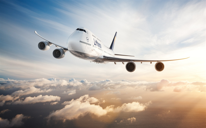 Boeing 747-400, matkustajakone, taivas, lento, lentoyhti&#246;, air travel, Lufthansa, Boeing