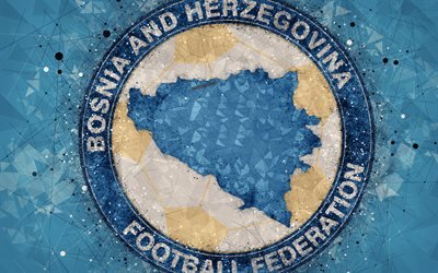Bosnia and Herzegovina national football team, 4k, geometric art, logo, blue abstract background, UEFA, emblem, Bosnia and Herzegovina, football, grunge style, creative art