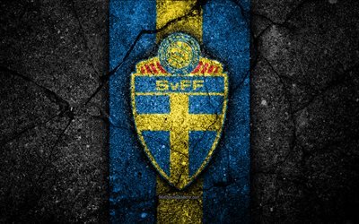 Swedish football team, 4k, emblem, UEFA, Europe, football, asphalt texture, soccer, Sweden, European national football teams, Sweden national football team
