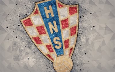 Croatia national football team, 4k, geometric art, logo, gray abstract background, UEFA, emblem, Croatia, football, grunge style, creative art