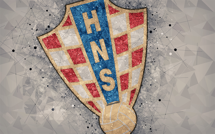 Kroatian jalkapallomaajoukkue, 4k, geometrinen taide, logo, harmaa abstrakti tausta, UEFA, tunnus, Kroatia, jalkapallo, grunge-tyyliin, creative art