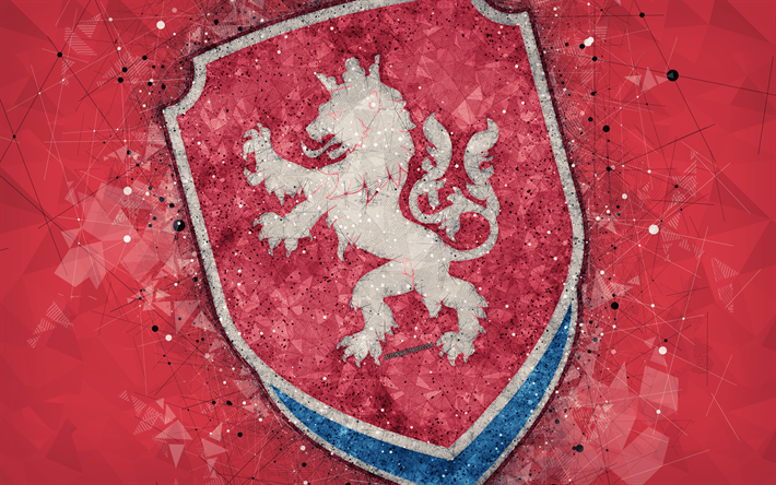 Czech Republic national football team, 4k, geometric art, logo, red abstract background, UEFA, emblem, Czech Republic, football, grunge style, creative art