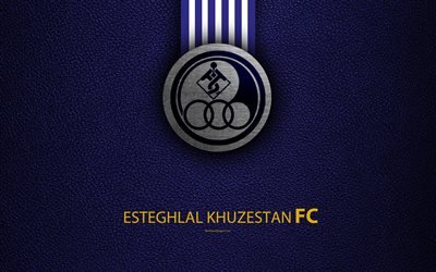 Esteghlal Khuzestan FC, 4k, logo, leather texture, Iranian football club, emblem, white purple lines, Persian Gulf Pro League, Ahwaz, Iran, football