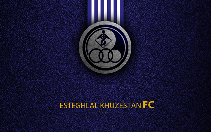 Esteghlal Khuzestan FC, 4k, logo, nahka rakenne, Iranin jalkapalloseura, tunnus, valkoinen violetti linjat, Persian Gulf Pro League, Ahwaz, Iran, jalkapallo