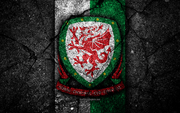 Welsh football team, 4k, emblem, UEFA, Europe, football, asphalt texture, soccer, Wales, European national football teams, Wales national football team
