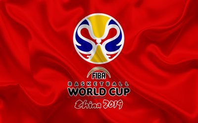 Basquete FIBA Copa do Mundo de 2019, logo, 4k, emblema, China 2019, textura de seda, basquete, 31 de agosto, 2019, FIBA, xviii campeonato do mundo, de seda vermelha da bandeira