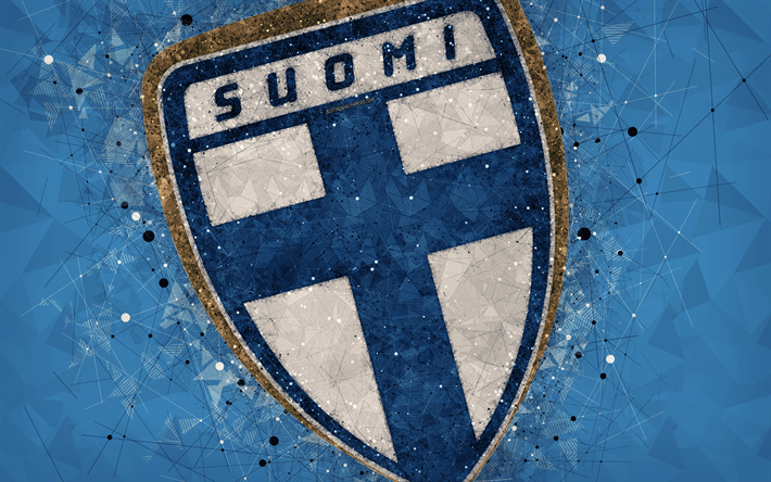 Suomen jalkapallomaajoukkue, 4k, geometrinen taide, logo, sininen abstrakti tausta, UEFA, tunnus, Suomi, jalkapallo, grunge-tyyliin, creative art