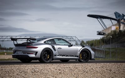 Porsche 911 GT3 RS, 2018, silver sports coupe, tuning 911, racing car, black wheels, German sports cars, Porsche