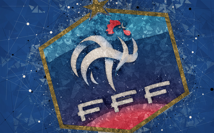 France national football team, 4k, geometric art, logo, blue abstract background, UEFA, emblem, France, football, grunge style, creative art