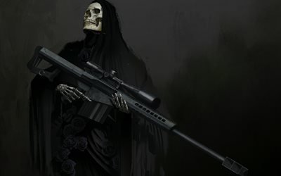 death with a sniper rifle, art, fantasy, mystical creature, black roses, black cloak, skull