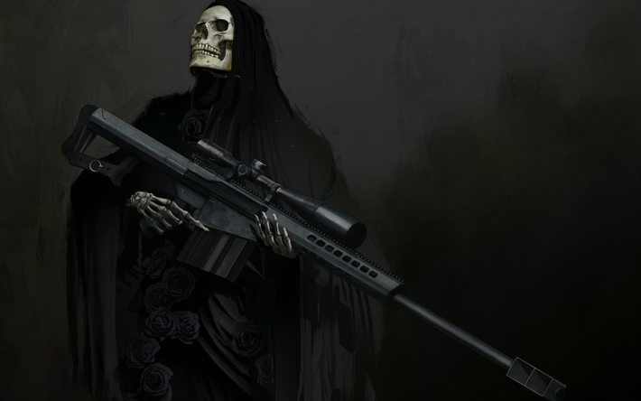 la mort avec un fusil de sniper, l&#39;art, la fantaisie, la cr&#233;ature mystique, les roses noires, manteau noir, cr&#226;ne