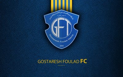 Gostaresh Foulad FC, 4k, logo, textura de couro, Iraniana de futebol do clube, emblema, amarelo azul linhas, Golfo P&#233;rsico Pro League, Tabriz, Iran, futebol