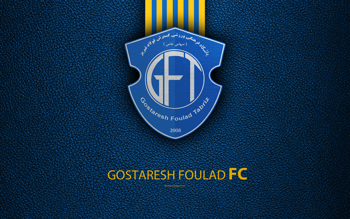 gostaresh foulad fc, 4k, logo, leder textur, die iranische fu&#223;ball-club, emblem, gelb, blaue linien, persian gulf pro league, tabriz, iran, fu&#223;ball