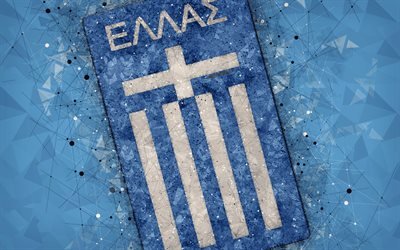 Greece national football team, 4k, geometric art, logo, blue abstract background, UEFA, emblem, Greece, football, grunge style, creative art