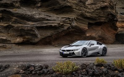 BMW i8, 2018, electric sports coupe, new silver i8, electric car, German cars, BMW