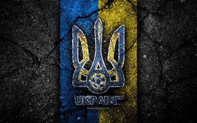 Ukrainian football team, 4k, emblem, UEFA, Europe, football, asphalt texture, soccer, Ukraine, European national football teams, Ukraine national football team