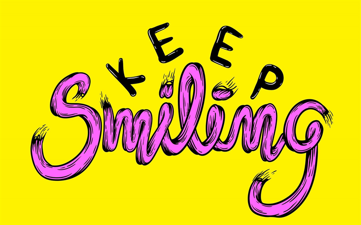 Mantener la sonrisa, el arte, la inscripci&#243;n, la cita, la motivaci&#243;n, fondo amarillo, grunge